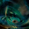 Two black holes are illustrated orbiting in a cloud of gas.